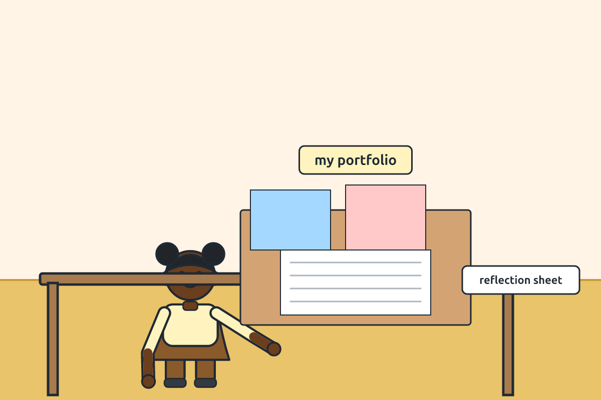 A pupil arranging artworks in a portfolio folder with written reflections