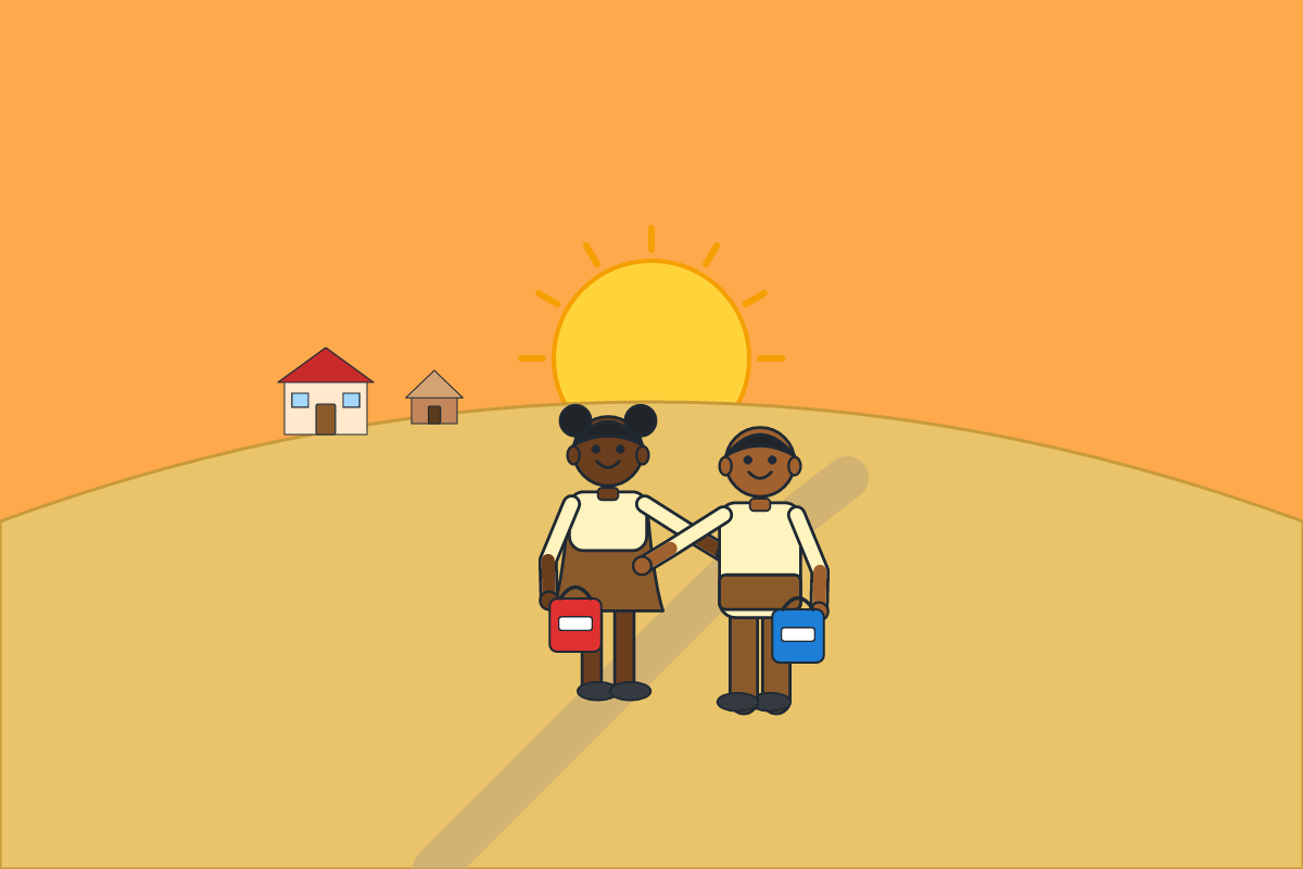 Two children walking up a hill holding hands at sunset