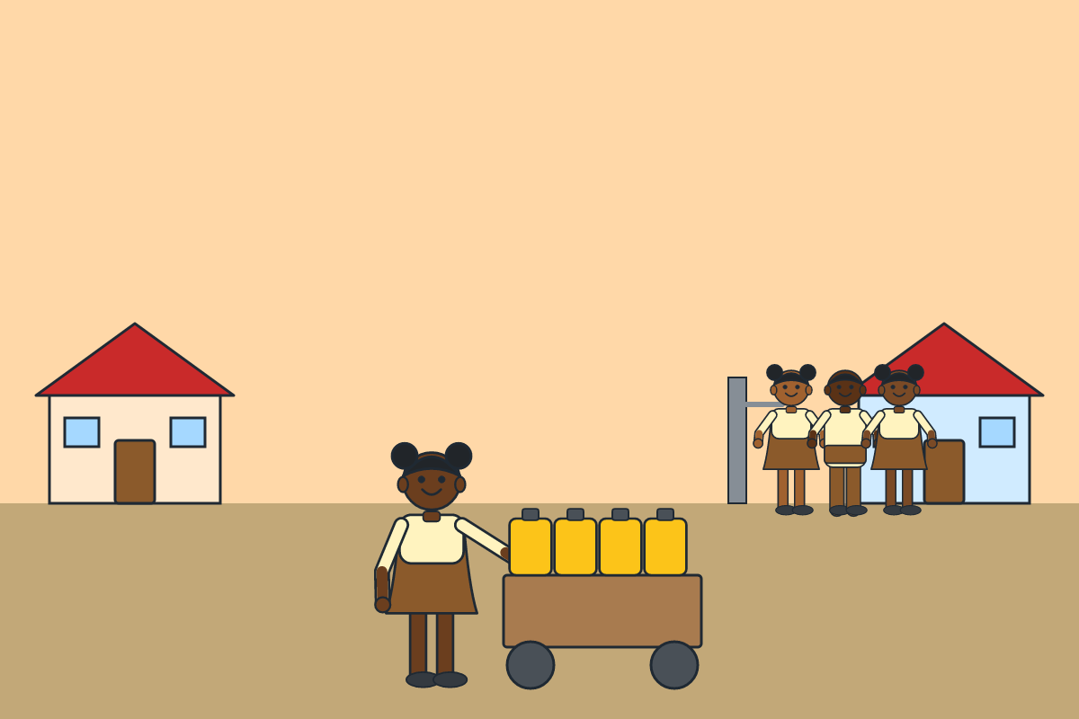 A girl pushing a cart of yellow gallons through a narrow lane at dawn
