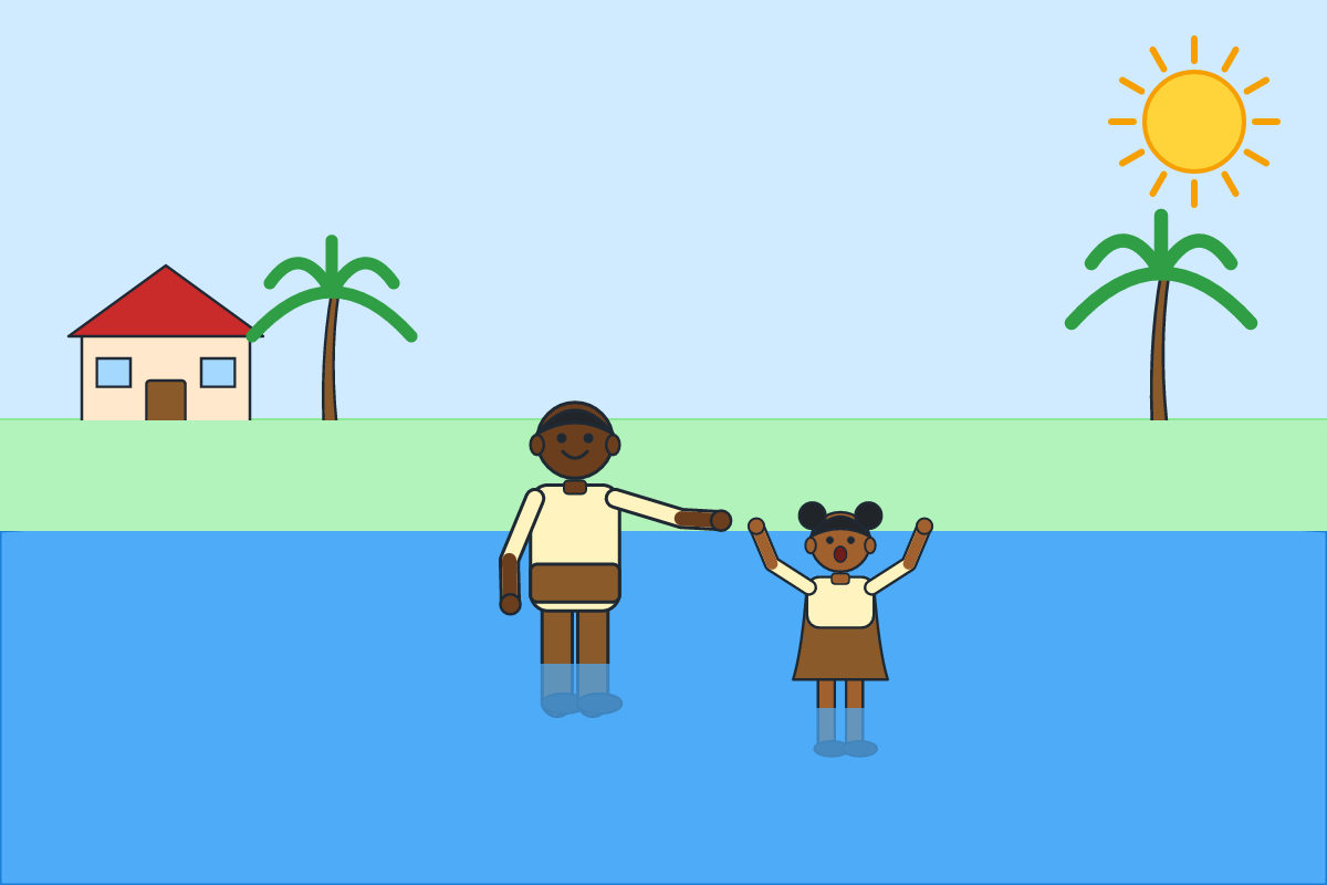 A boy pulling his sister out of a river