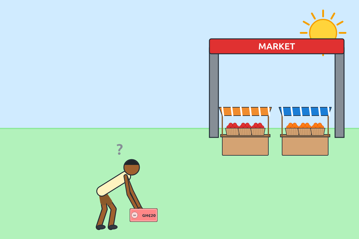 A schoolgirl picking up a bundle of money near a market gate