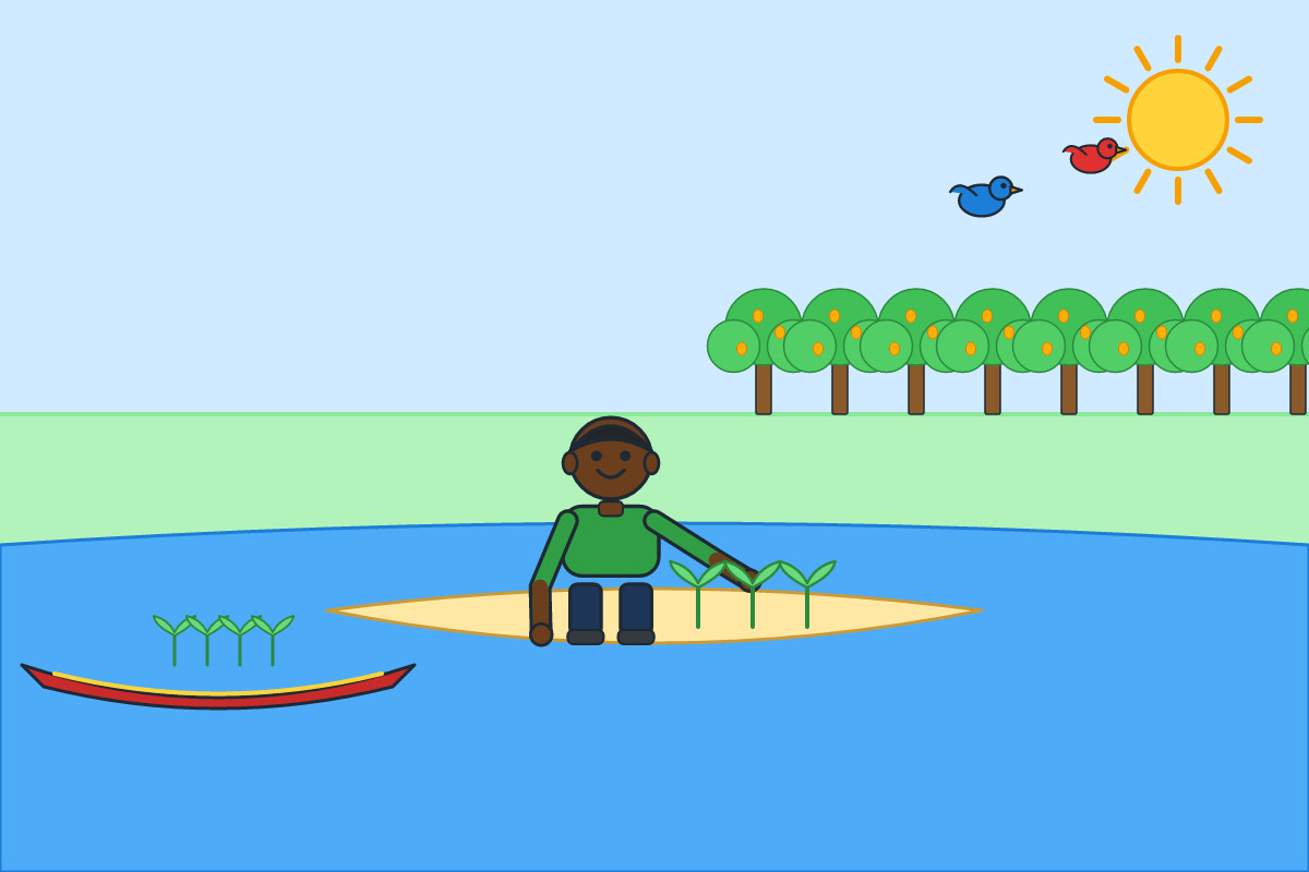 A young man planting seedlings on a sandbar by a river