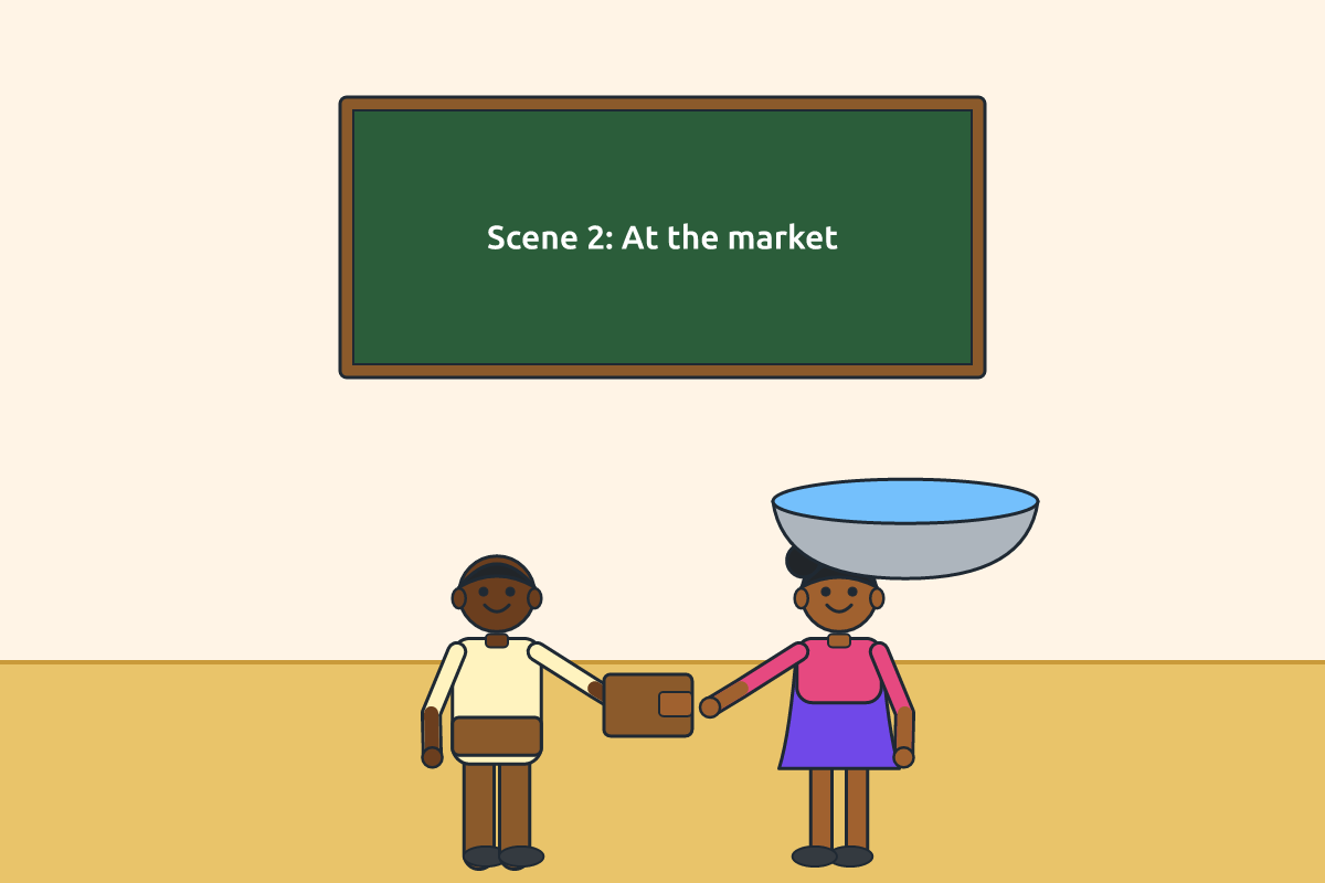 Pupils acting a market scene from a script