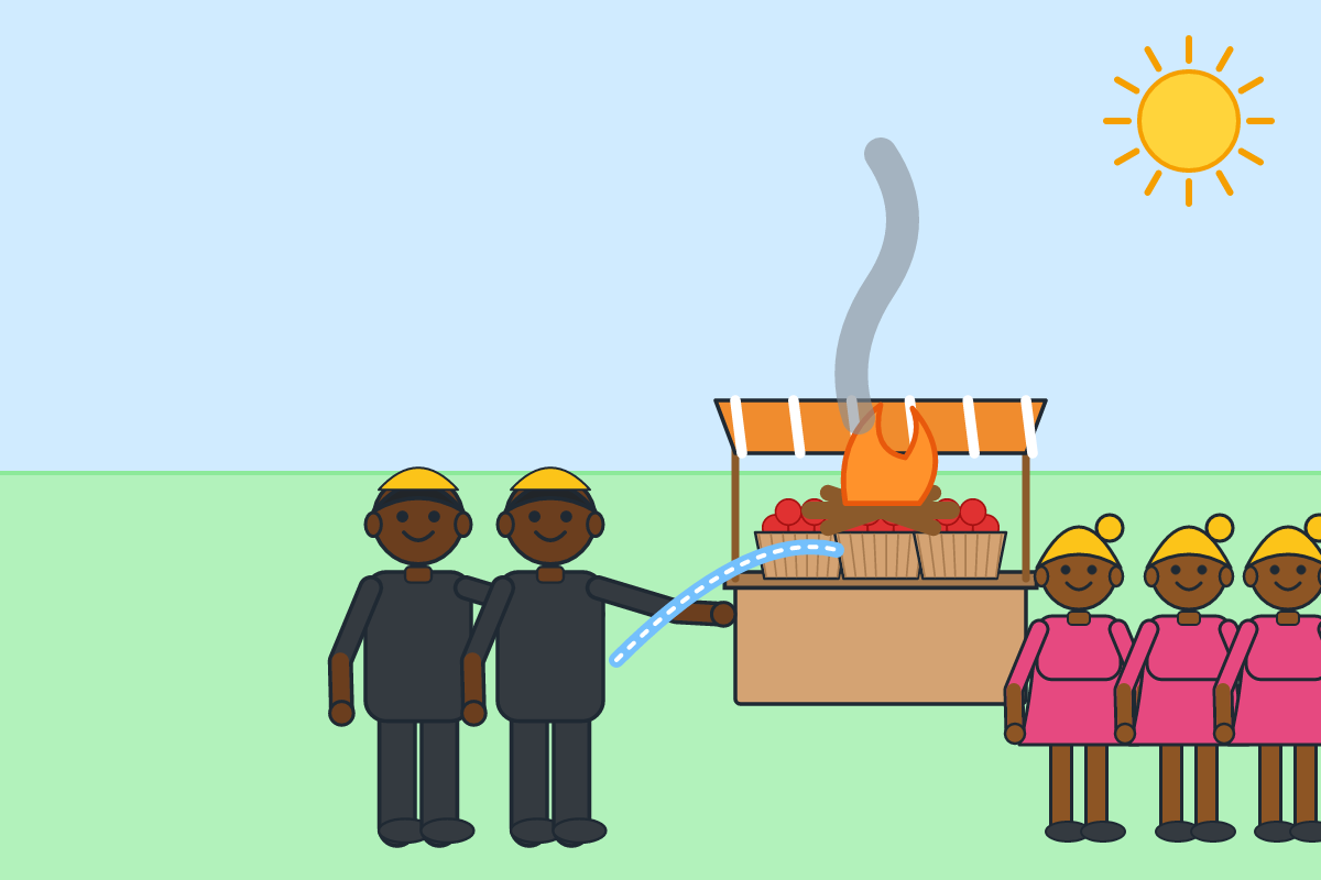 Firefighters spraying water on a burning market stall