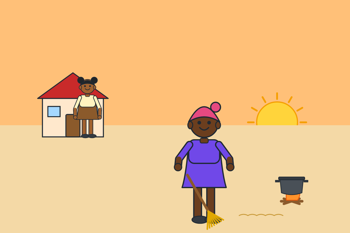 A mother sweeping the compound at dawn with a child watching