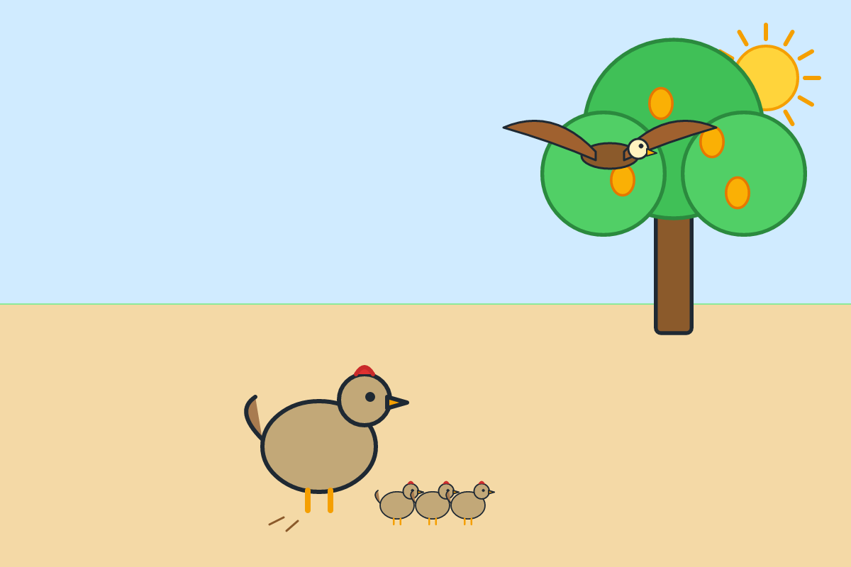 A hen scratching the ground while a hawk watches from a tree
