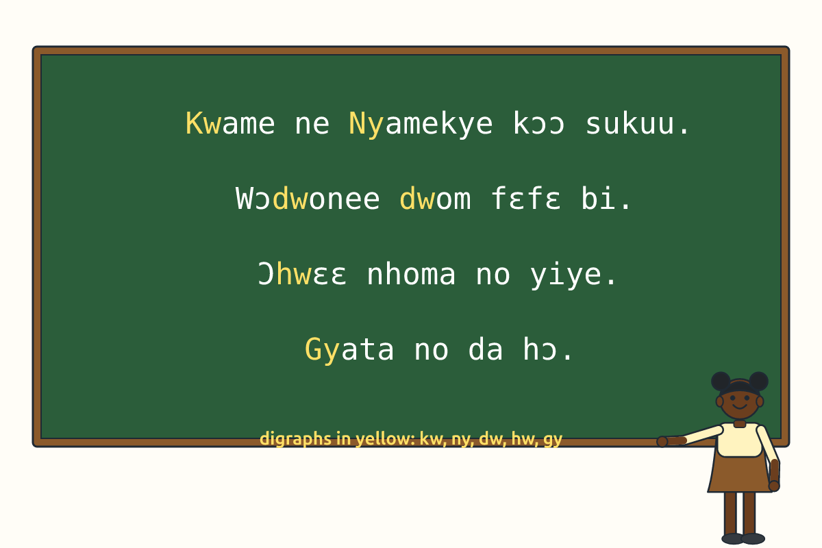 A paragraph in a Ghanaian language with digraphs highlighted in colour