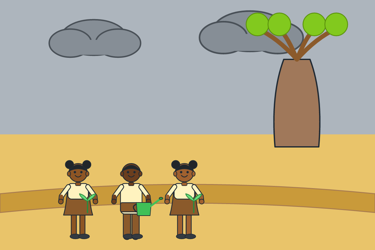 Children planting seedlings by a dry riverbank as clouds gather