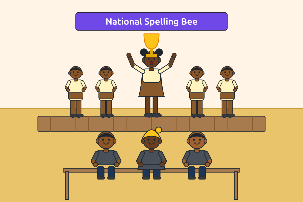 A pupil holding a trophy at a spelling competition