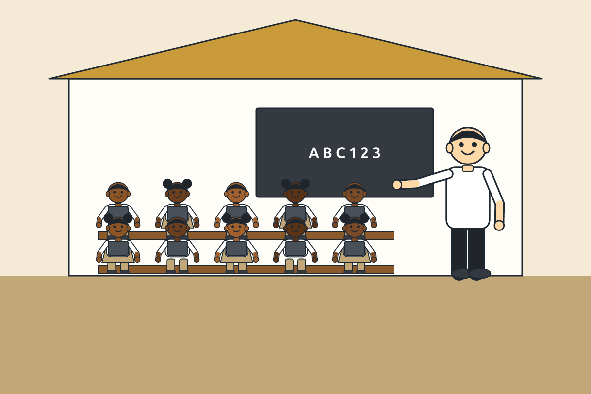 A 19th-century mission school with pupils and a teacher