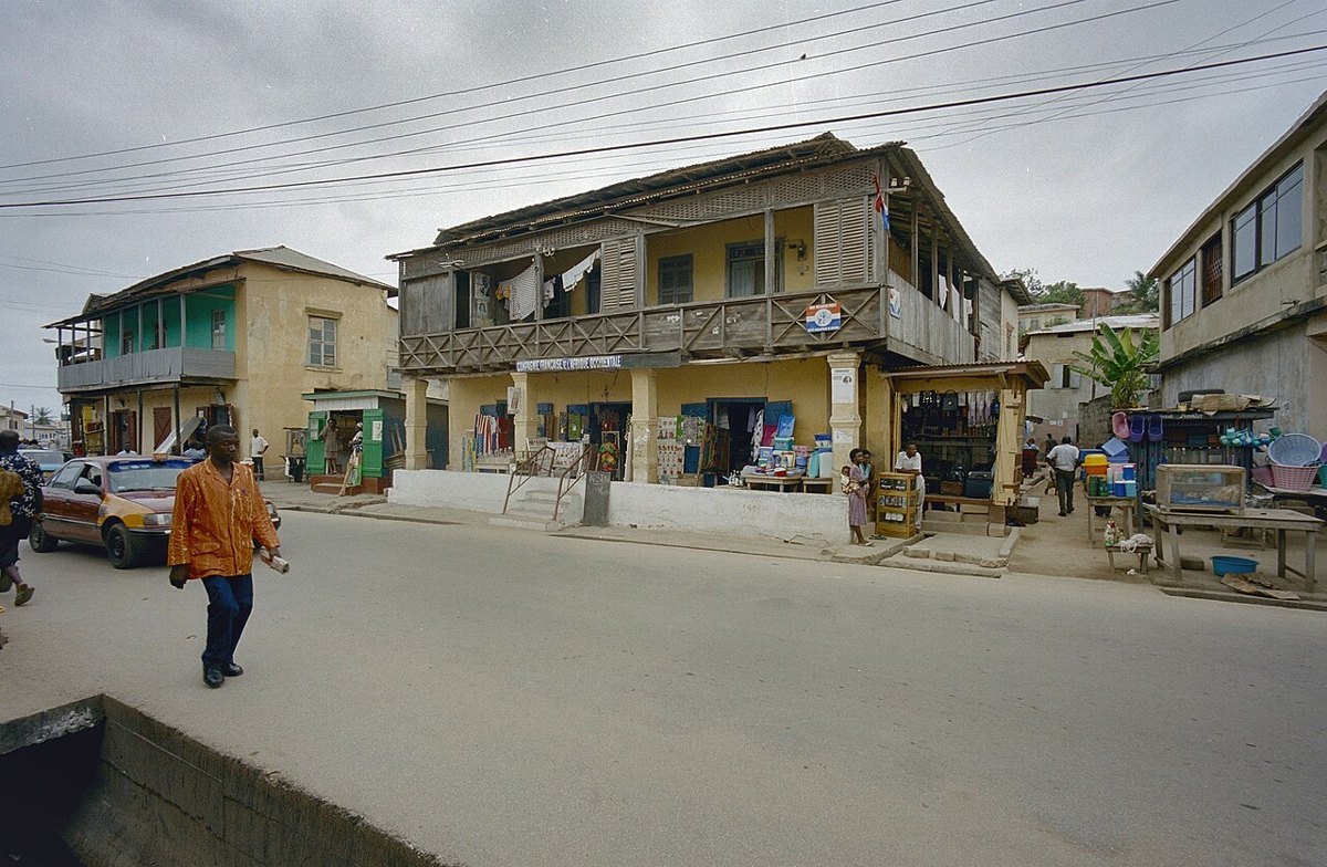 A street of old colonial buildings in Cape Coast