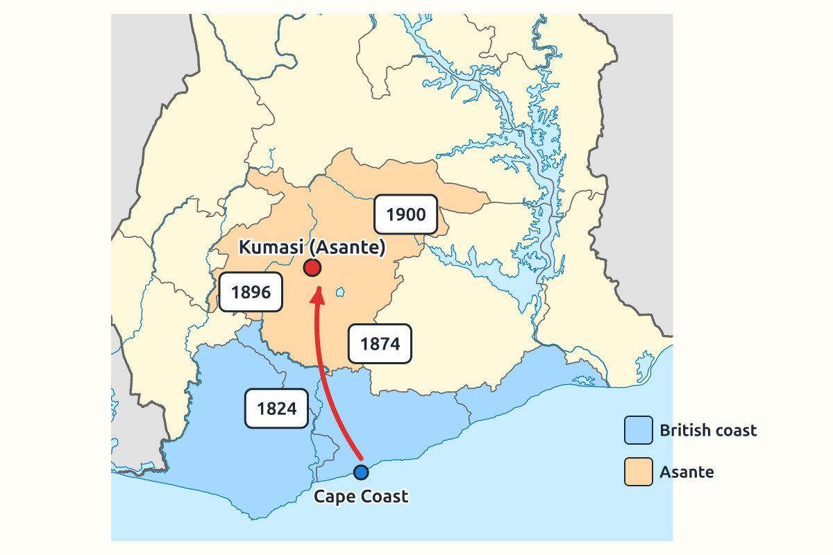 A map showing Asante, the coast and key battle sites