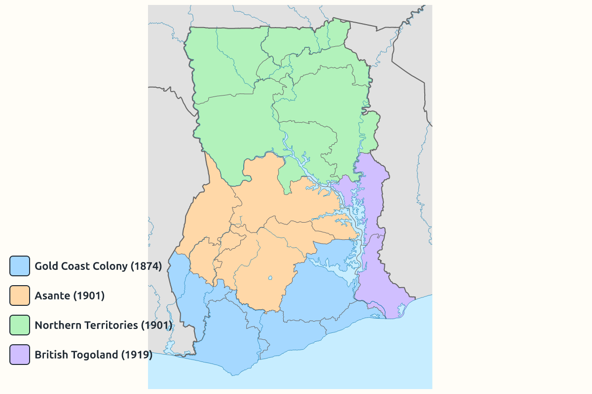 A map of the Gold Coast showing the Colony, Asante, Northern Territories and British Togoland