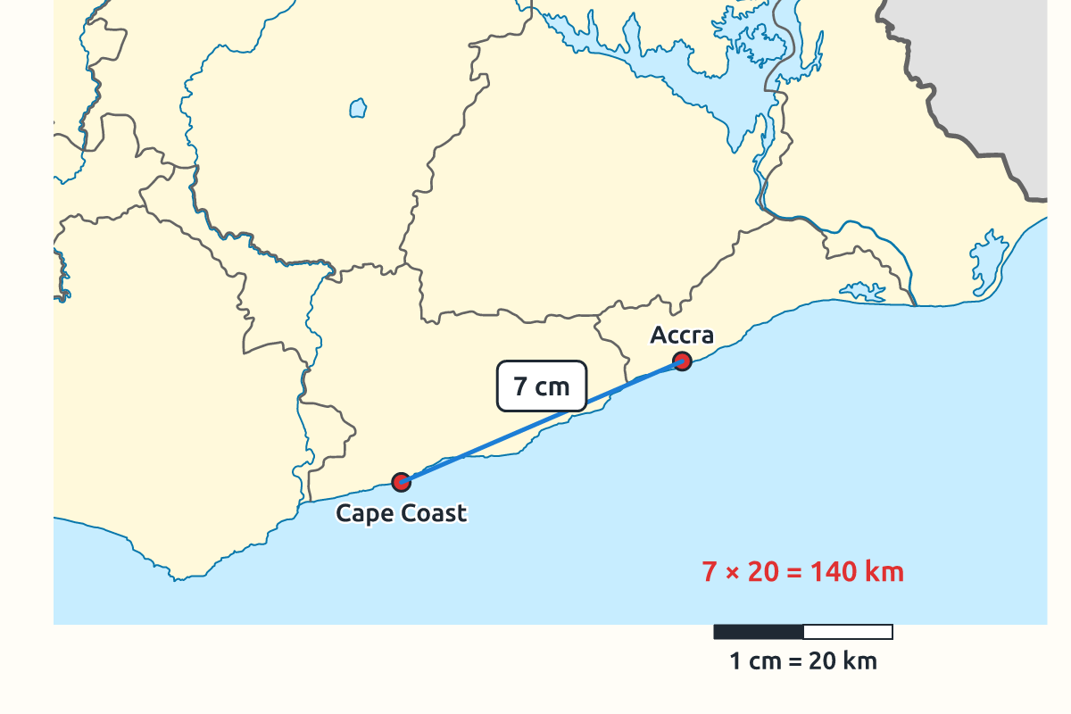 A map of southern Ghana with a scale bar and a line between two towns