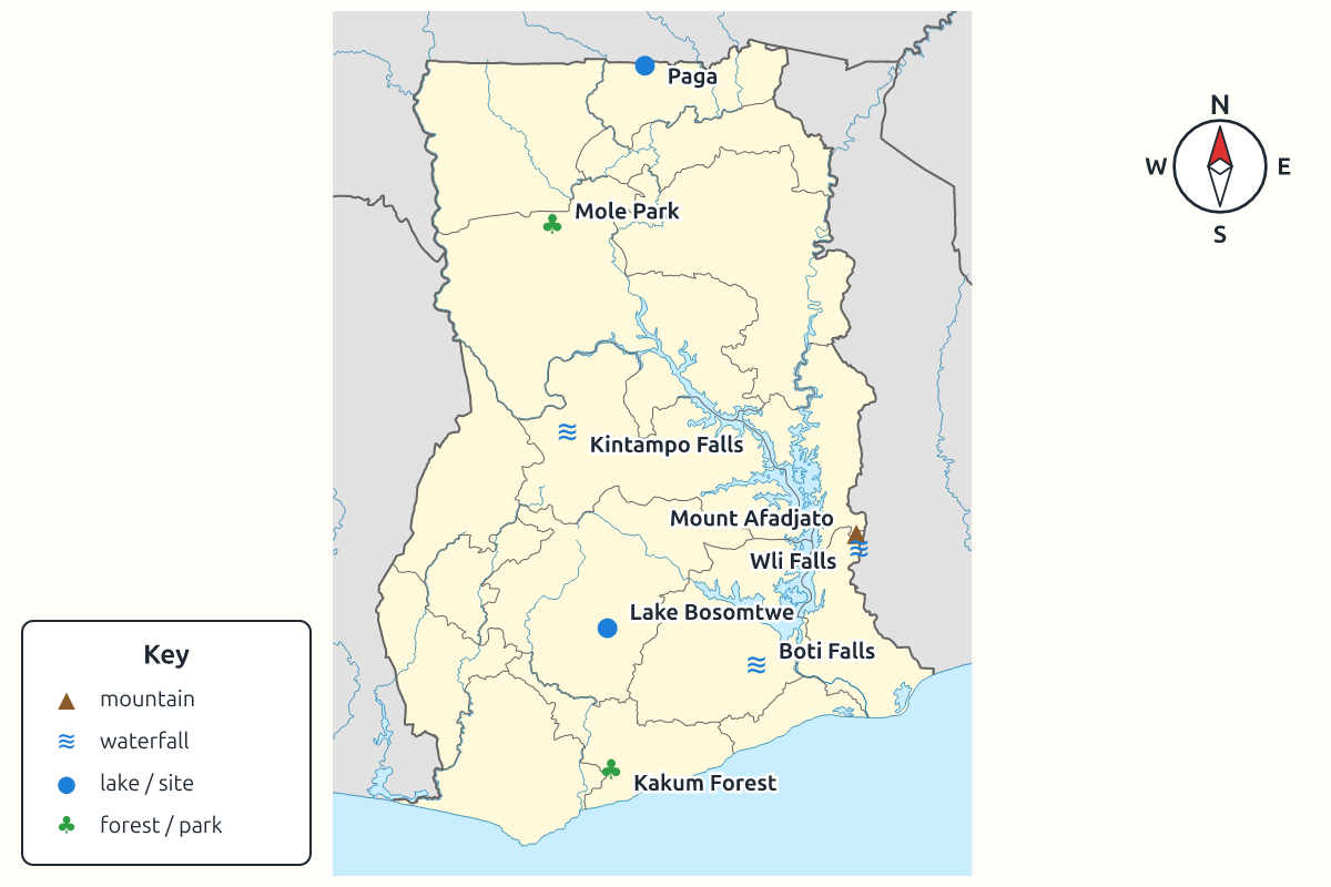 A map of Ghana showing natural landmarks with symbols and a key