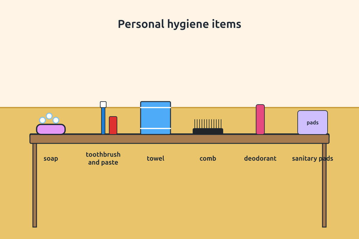 Soap, toothbrush, towel, deodorant and sanitary pads arranged together