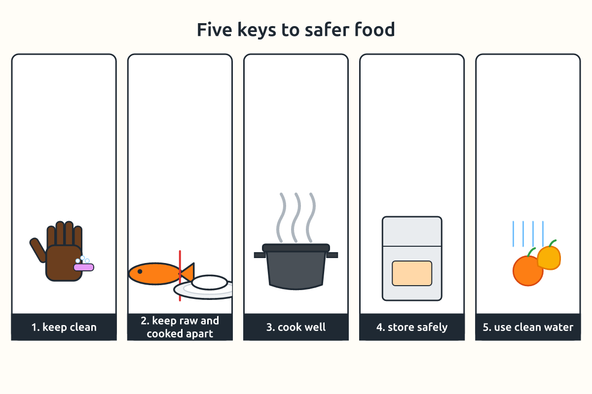 A poster of the five keys to safer food with icons