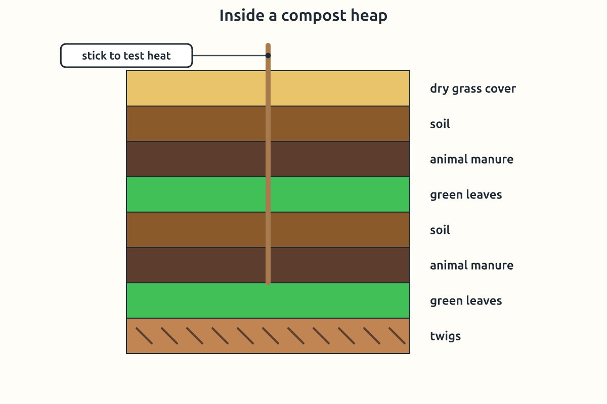 A cross-section of a compost heap with labelled layers