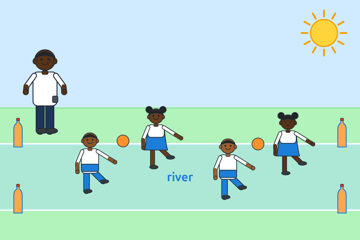 Pupils passing balls while skipping across a marked area