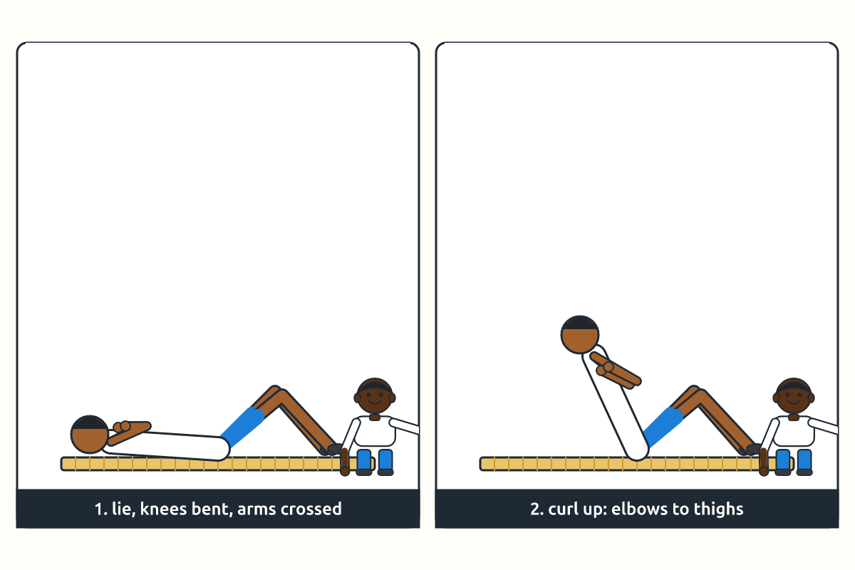 Two positions of a correct sit-up with a partner holding the feet